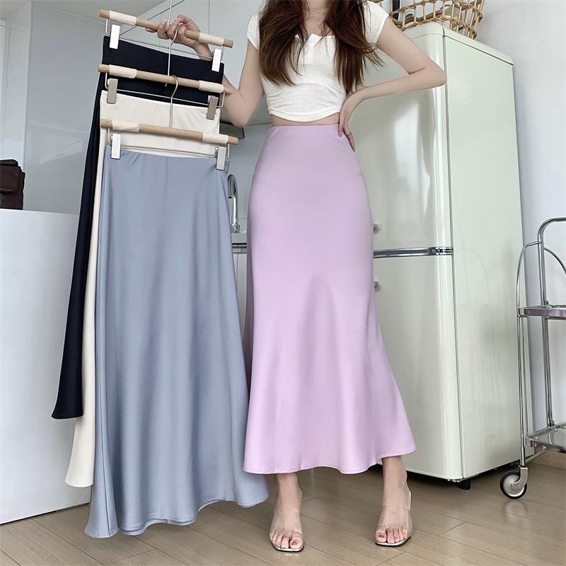 mimi&didi กระโปรงหางปลา ความยาวปานกลาง สีพื้น สไตล์เกาหลี แฟชั่นฤดูร้อน สําหรับผู้หญิง8807
