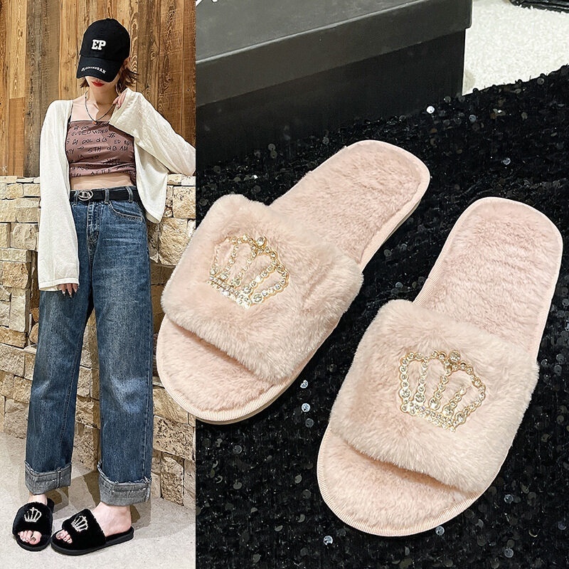 รองเท้าสลิปเปอร์ (SH-1-22) รองเท้าแตะใส่ในบ้าน ขนนุ่มนิ่มใส่สบาย แต่งมงกุฎเพชร