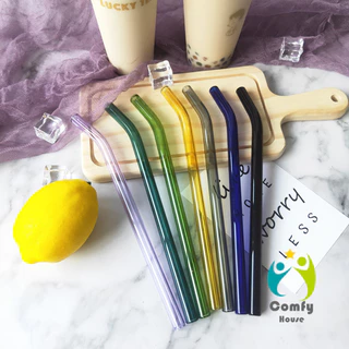Comfy หลอดแก้วสไตล์เกาหลี 20cm โปร่งใส ทนความร้อนสูง เลือกได้ทั้งแบบตรง/โค้ง ปลอดสาร Glass Straw