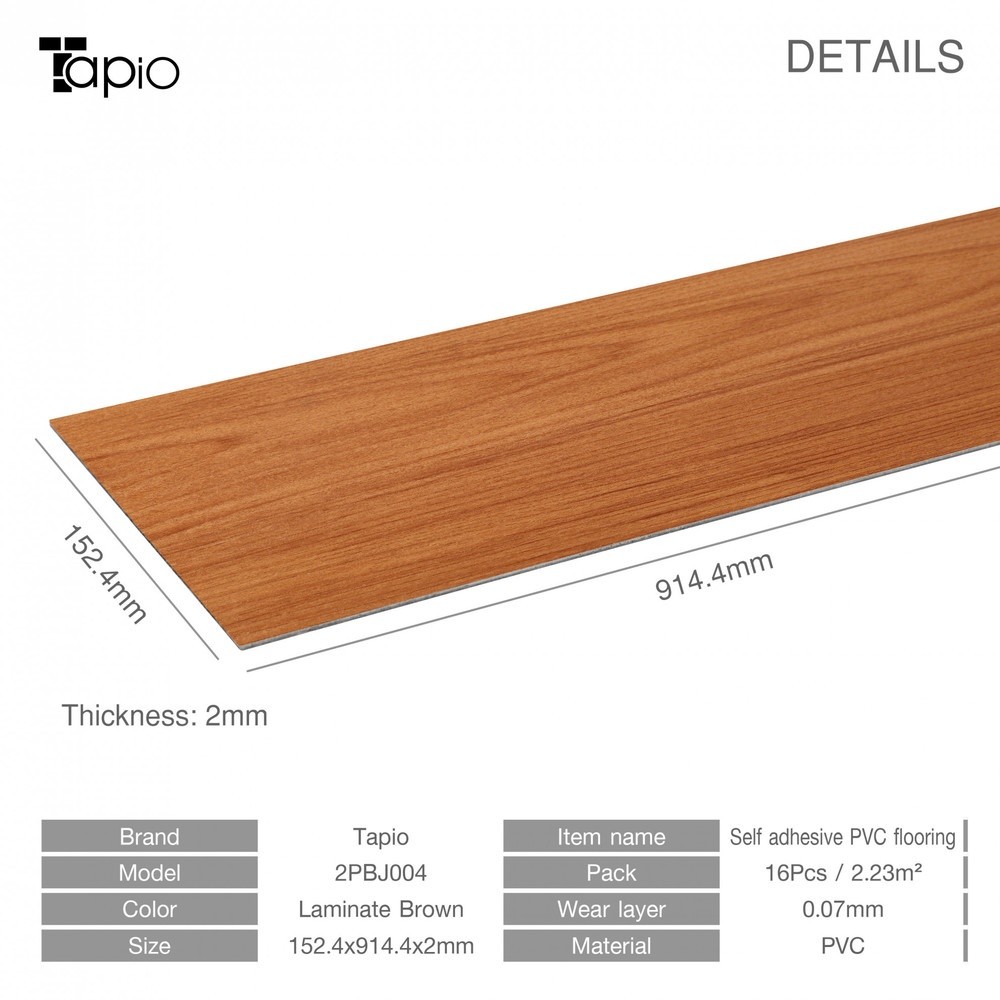 Tapio กระเบื้องยางหลังกาว 152.4x914.4x2มม. รุ่น2PBJ004 laminate brown สีน้ำตาล (16แผ่น/2.23ตร.ม.) A.