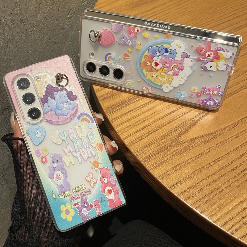 ภาพวาด Cloud Rainbow Blue Pink Bears สร้อยข้อมือ Clear Hard Flip Case Samsung Galaxy Z พับ 5 4 3 2 5