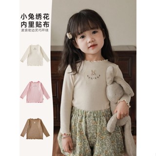 ❀Qinzi เสือดาว❀พร้อมส่ง เสื้อยืดแขนยาว ปักลายการ์ตูนกระต่ายน่ารัก เข้ากับทุกการแต่งกาย แฟชั่นฤดูใบไม้ผลิ และฤดูใบไม้ร่วง สําหรับเด็กผู้หญิง