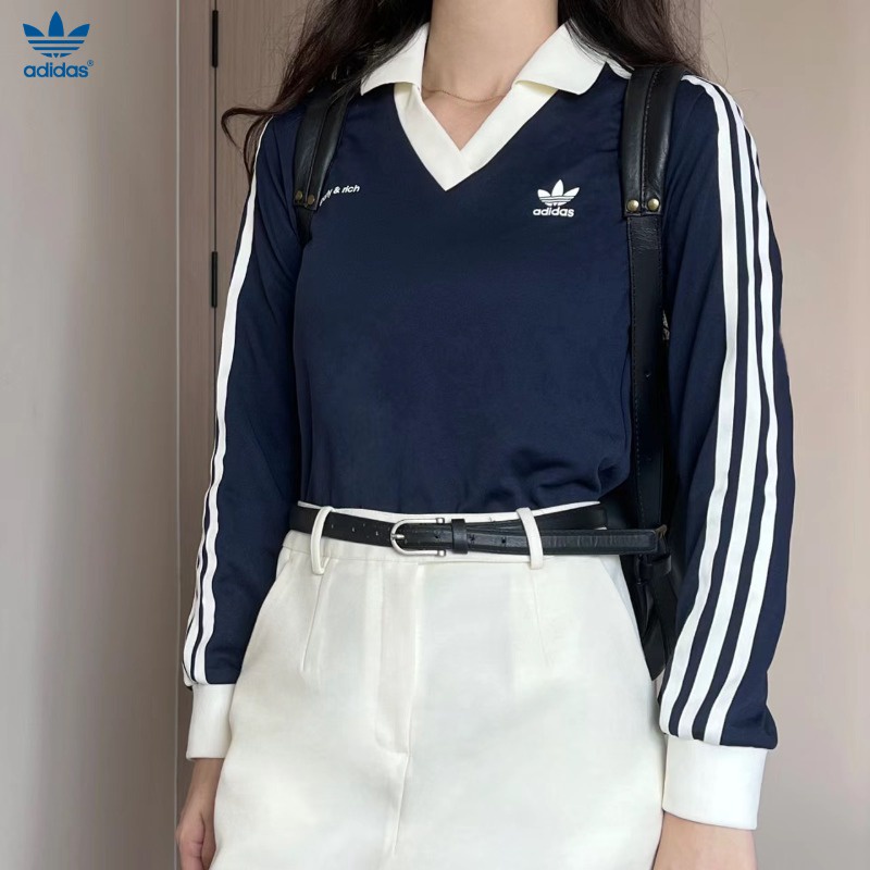 Adidas ของแท้ 100% เสื้อโปโลกันหนาว แขนยาว คอวี สไตล์วินเทจ แบบสวมหัว แฟชั่นสําหรับผู้หญิง IN5249