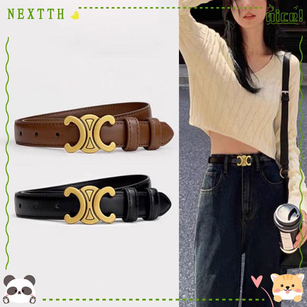 Nextth เข็มขัดหนังเทียม แบบนิ่ม สีดํา สไตล์ตะวันตก หัวเข็มขัดสีทอง แฟชั่นสําหรับผู้หญิง