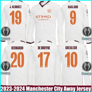 เสื้อกีฬาแขนยาว ลายการ์ตูน Manchester City Away Bernardo Grealish Haaland Alvarez DeBruyne Jersey สําหรับผู้ชาย และผู้หญิง 2023-2024