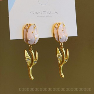 0908YWJD 18K Matte Gold Sweet Tulip Large Earrings Retro High Profile Fashion Special-Interest Design Eardrops Earrings XM7C