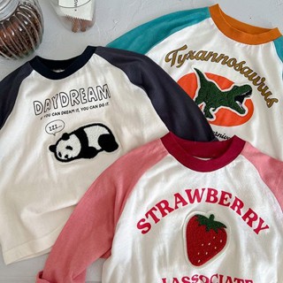 พร้อมส่ง เสื้อยืดลําลอง แขนยาว คอกลม ทรงหลวม ลายการ์ตูนแอนิเมชั่น raglan หลากสีสัน แฟชั่นสไตล์เกาหลี สําหรับเด็กผู้หญิง