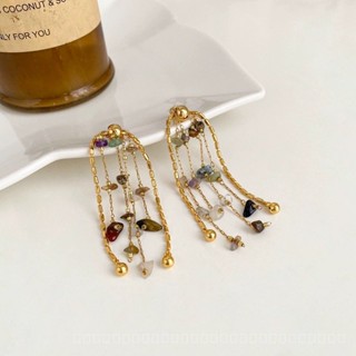 0911YWLY Niche Natural Stone Personalized Tassel Earrings Elegant Socialite Long Colorful Stone Earrings French Girl Fashion Niche  Light luxury  Retro Gift  RKXY