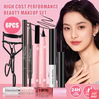 [Can COD] ชุดแต่งหน้า 6 ชิ้น Water Tint Lip Gloss+มาสคาร่าสีดำกันน้ำ+เครื่องมือดัดขนตา+อายไลเนอร์สีดำแบบน้ำ+ดินสอเขียนคิ้ว Dark Coffee+อายแชโดว์ Broken Diamond ,Beauty Frenzy