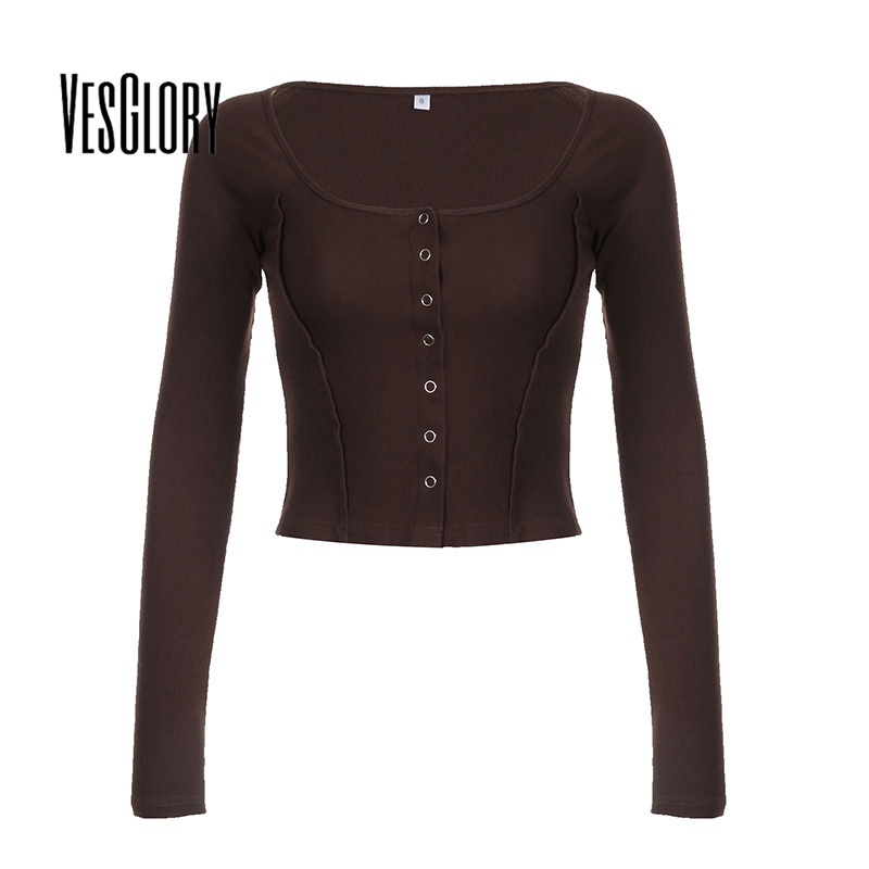 VesGlory ผู้หญิง Crop Top แฟชั่นสีทึบแขนยาวคอกลม Slim Fit Cadigan เสื้อยืด
