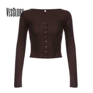 Vesglory เสื้อครอปท็อป แขนยาว คอกลม ทรงสลิมฟิต สีพื้น แฟชั่นสําหรับผู้หญิง 2023