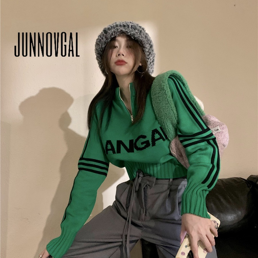 Junnovgal ใหม่ เสื้อกันหนาวลําลอง แขนยาว คอกลม มีซิป พิมพ์ลาย สีพื้น ทรงสลิมฟิต สําหรับสตรี 2023