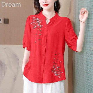 Loose embroidered cotton linen short-sleeved shirt womens summer new elegant shirt fashionable casual linen top