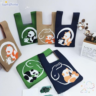 Ssunshine กระเป๋าถือ ทรงโท้ท ผ้าถัก แฮนด์เมด ลายกระต่าย แพนด้า ใช้ซ้ําได้ สําหรับผู้หญิง