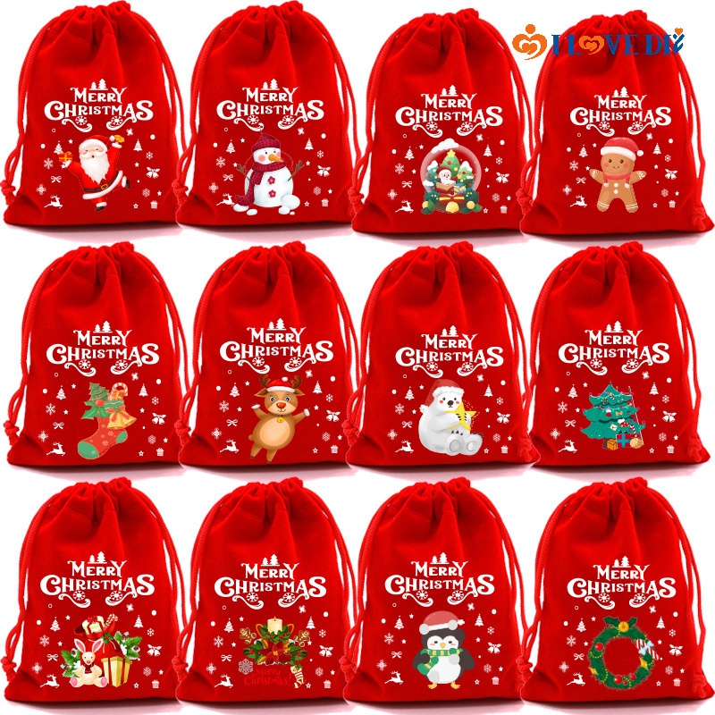 ถุงผ้ากํามะหยี่ พิมพ์ลายการ์ตูนคริสต์มาส ซานตาคลอส กวางเอลก์ สีแดง สุ่มสี สําหรับใส่ของขวัญเทศกาลคริสต์มาส