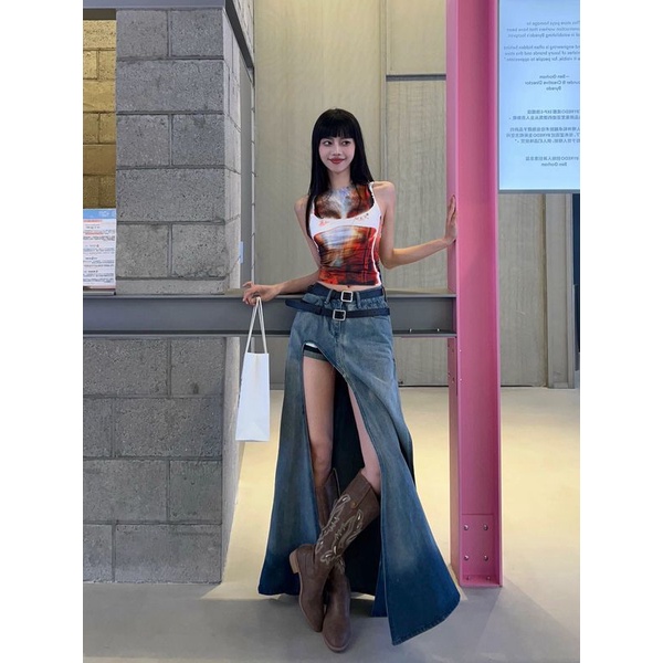 Millennium Skirt Cowboy STUDIO Hot Girl a Words FENNI High Slit Umbrella Skirt for Women Sexy Summer