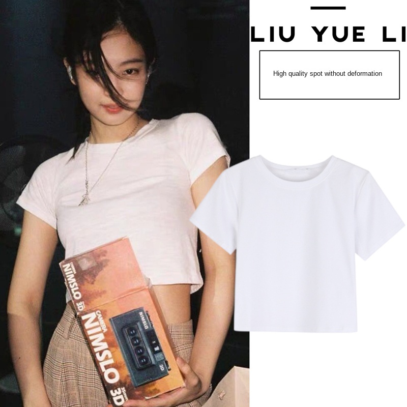 เสื้อครอปท็อปแขนสั้น คอกลม พร้อมแผ่นรองหน้าอก แฟชั่นฤดูร้อน สําหรับผู้หญิง