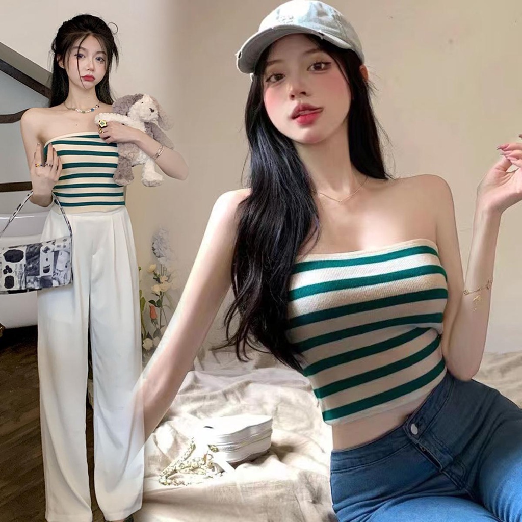 พร้อมส่ง เสื้อครอปเซ็กซี่ แขนกุดไหมพร แฟชั่น สไตล์เกาหลี ดีเทลลายทางมี4สีน่ารักมาก (52139)