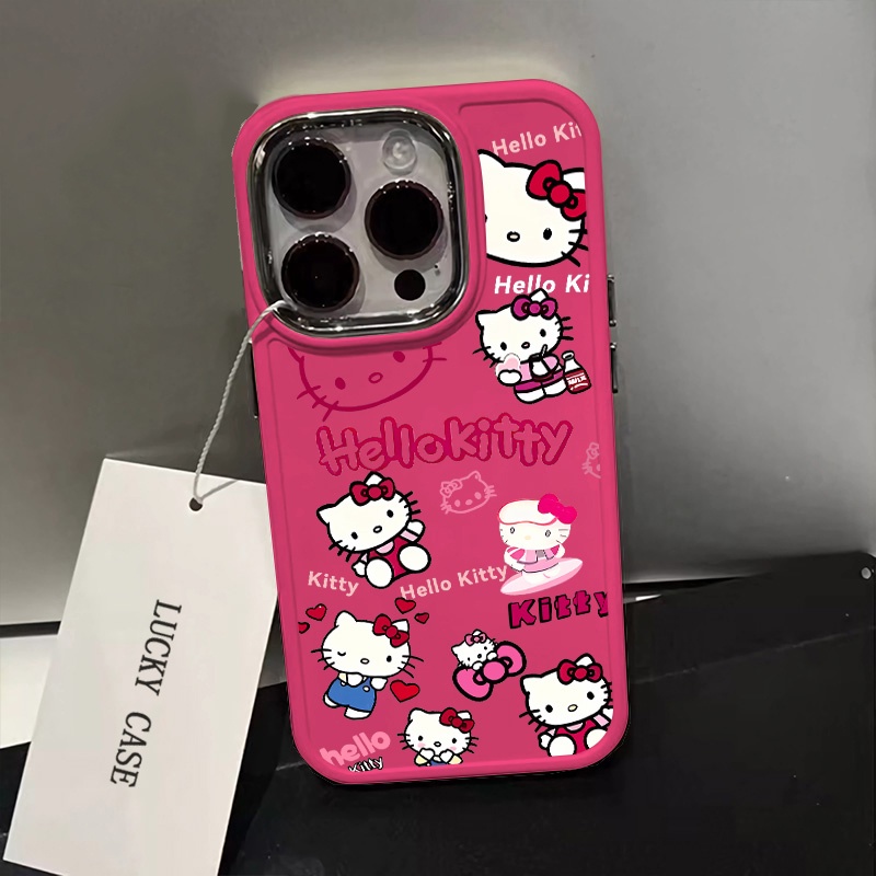 เคสโทรศัพท์ซิลิโคนสําหรับ IPhone 16 15 14 13 12 11 Pro Max XS X XR 8 + 7 Plus ปุ่มโลหะ Rose นุ่มการ์ตูนลูกแมวปลอกกันกระแทกเซลล์ Precticer