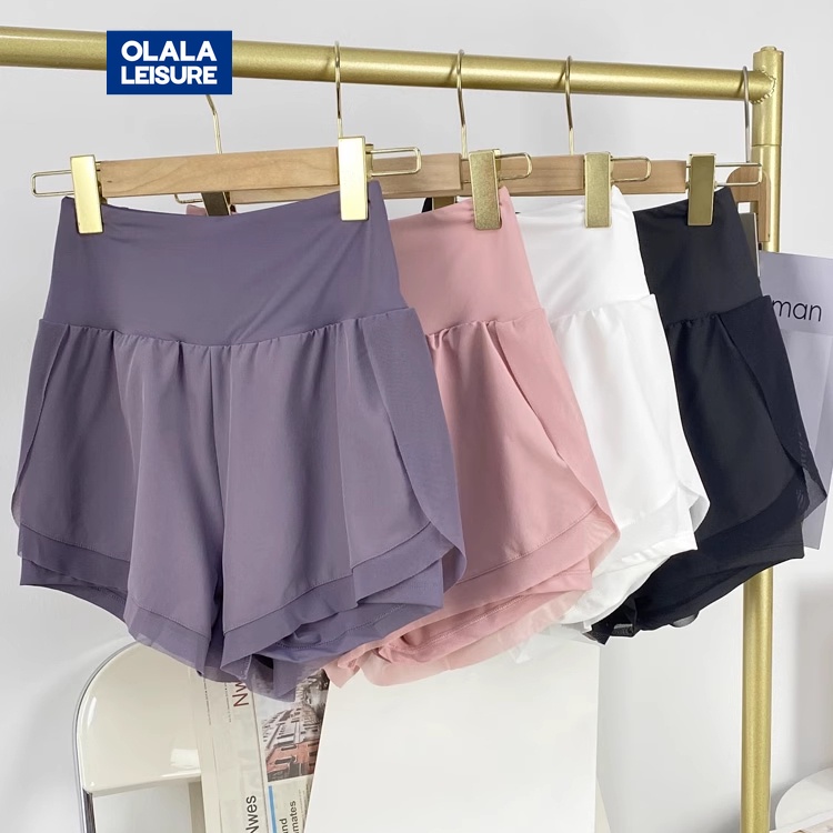 OLALA LEISURE กางเกงกีฬาขาสั้น เอวสูง ป้องกันแสงสะท้อน สองชิ้น เหมาะกับใส่เล่นโยคะ วิ่ง ฟิตเนส สําหรับผู้หญิง