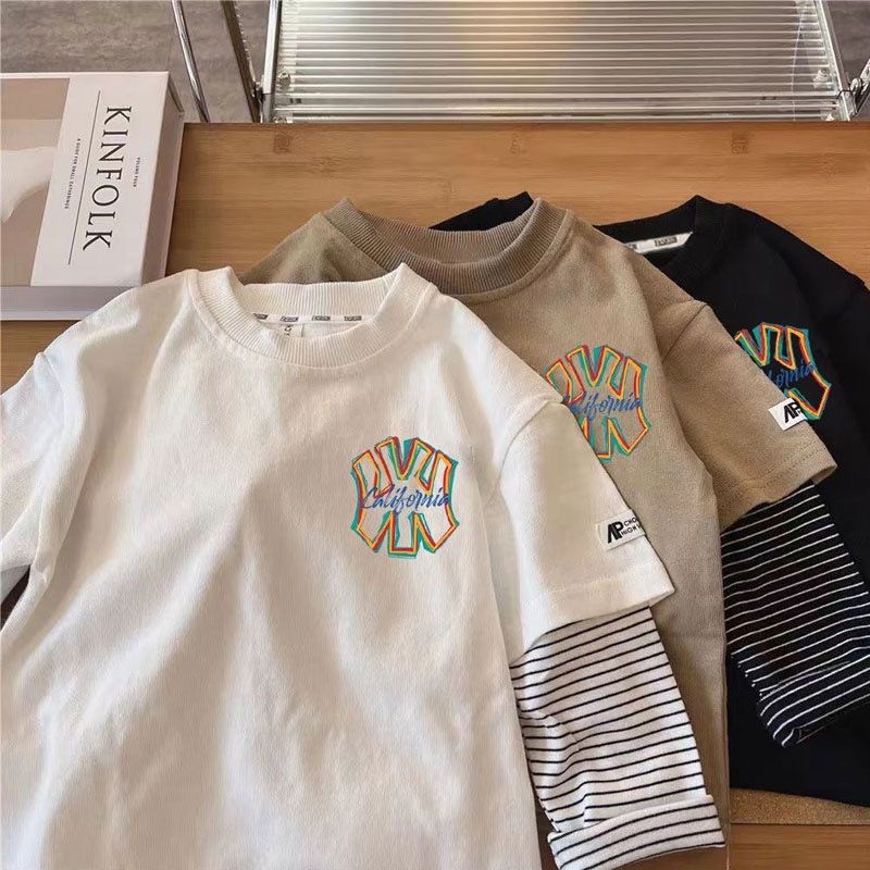 【Boy Tshirt】เสื้อยืดแขนยาว ผ้าฝ้าย 100% พิมพ์ลายทาง ทรงหลวม สไตล์เกาหลี (1-13 ปี)