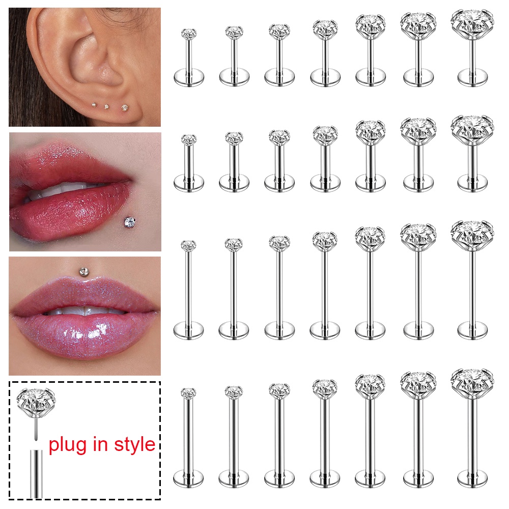 จิวเจาะกระดูกอ่อน สเตนเลส 316L 1.5-6 มม. ประดับเพทาย สีเงิน 1 ชิ้น