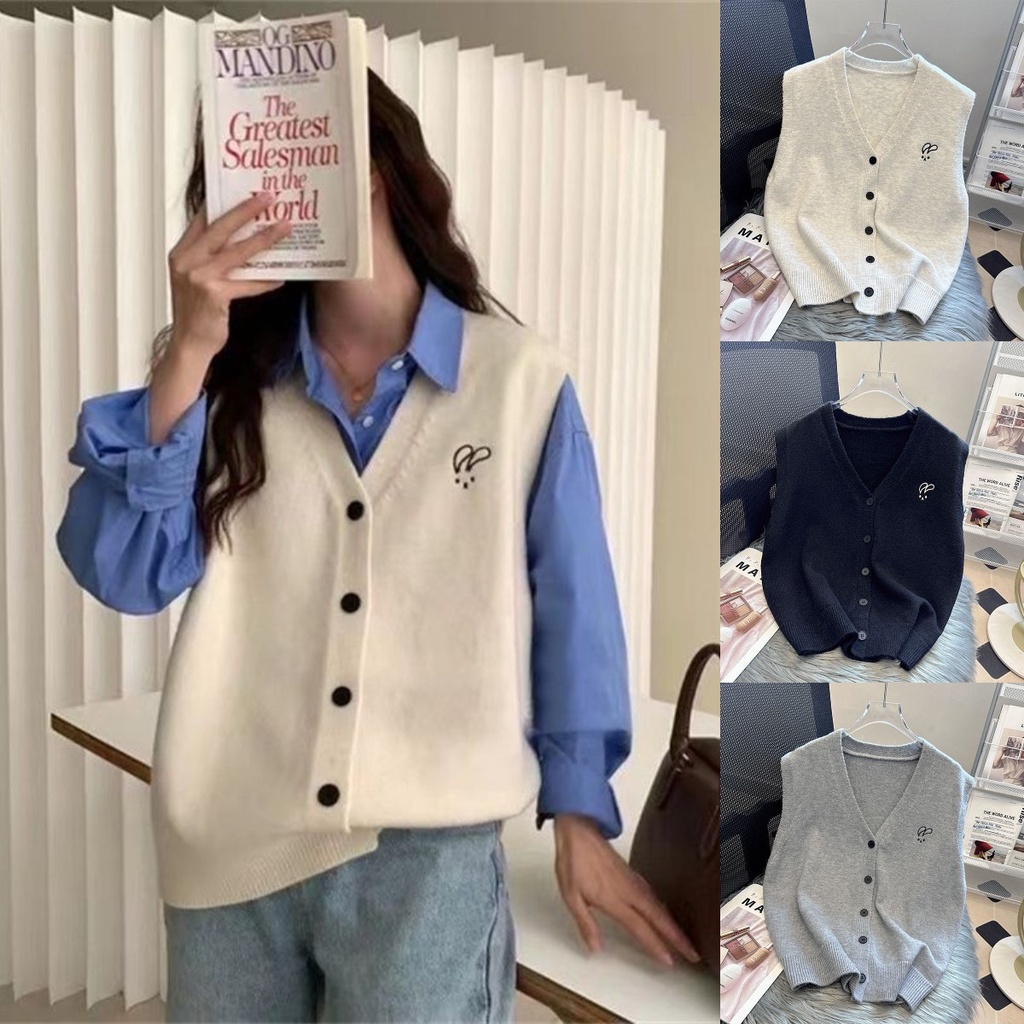 เสื้อกั๊กแขนกุด คอวี ผ้าถัก ปักลายการ์ตูนกระต่าย