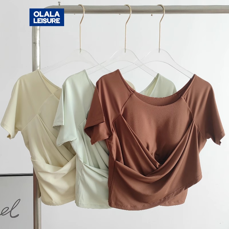 OLALA LEISURE เสื้อยืดแขนสั้น พร้อมแผ่นรองหน้าอก เหมาะกับการวิ่ง เล่นกีฬา โยคะ ฟิตเนส แฟชั่นฤดูร้อน แบบมืออาชีพ สําหรับผู้หญิง