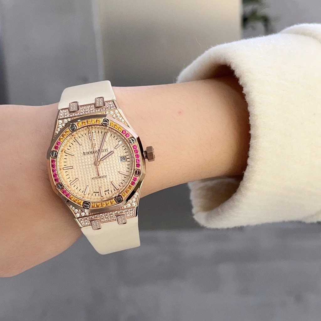 Aaa+aibi Royal Oak Global Limited Edition 15452 นาฬิกาข้อมือ สายหนัง ประดับเพชรไล่โทนสีรุ้ง เส้นผ่าศูนย์กลาง 37 มม. สําหรับผู้หญิง Aibi Own Cal.3120 นาฬิกาข้อมือ ของขวัญ สําหรับผู้หญิง