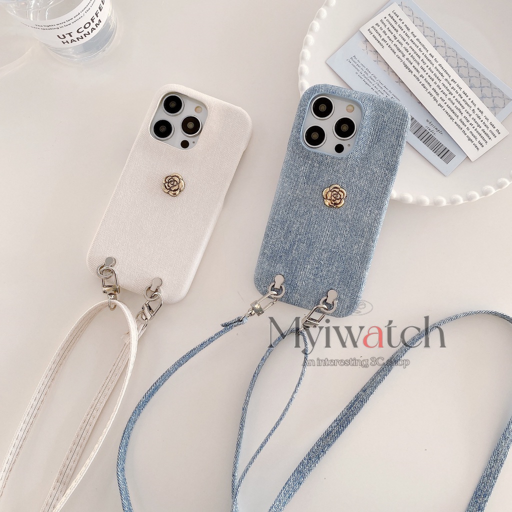 Denim Simplicity กรณีโซ่สําหรับ iPhone 16 15 13 12 11 Pro Max 15 14 16 Plus 8 7 Plus X XR XS XSMAX Camellia อุปกรณ์เสริมเต็มรูปแบบการออกแบบ Anti Falling ฝาครอบ