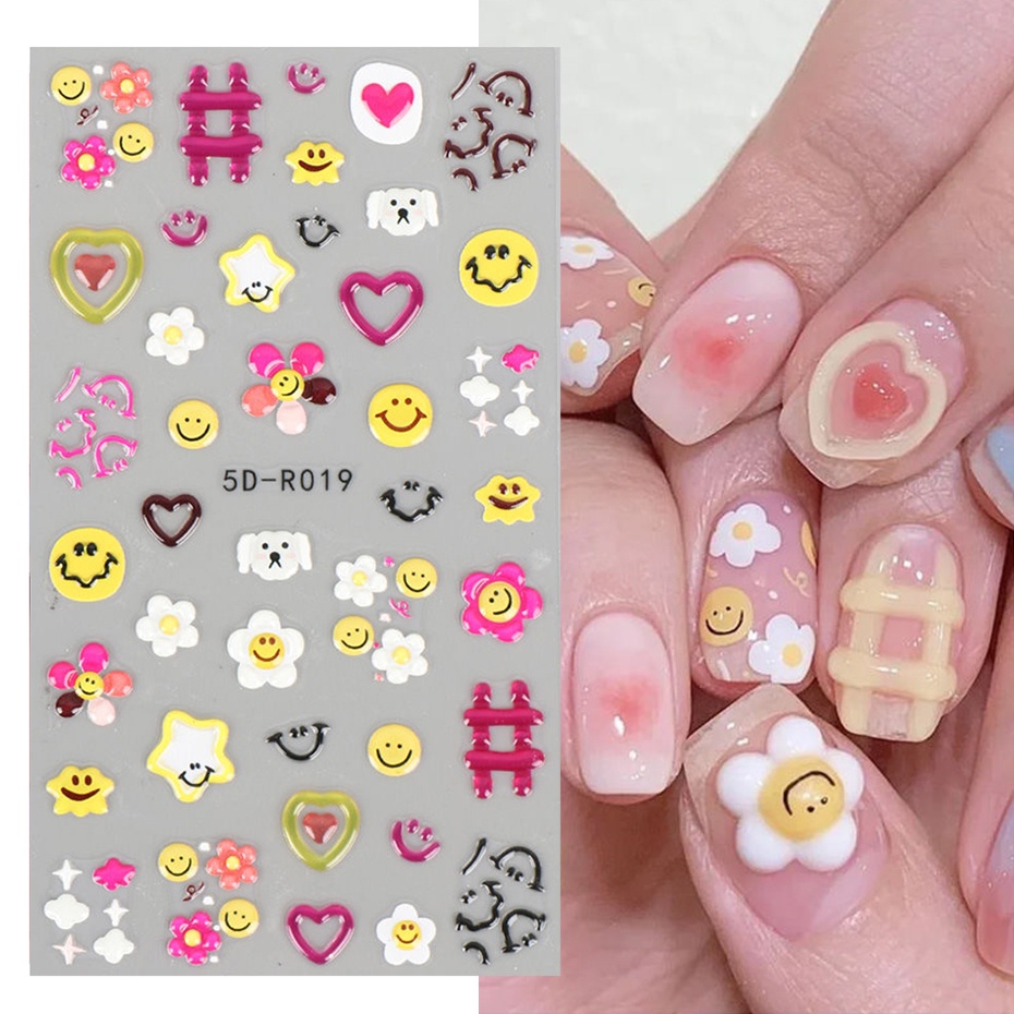 สติ๊กเกอร์ติดเล็บ การ์ตูนน่ารักเยลลี่แต่งเล็บ ง เอแคลส์ สายรุ้งยิ้มใบหน้าหัวใจรักดอกไม้ออกแบบกาว แถบเลื่อน เคล็ดลับตกแต่ง
