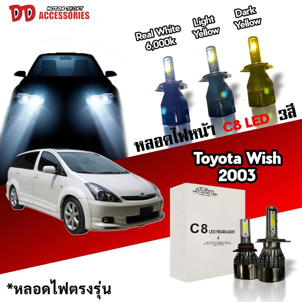 หลอดไฟหน้า C8 LED ไฟ 3 สี ขั้วตรงรุ่น Toyota Wish มีพัดลมในตัว ราคาต่อ 1 คู่