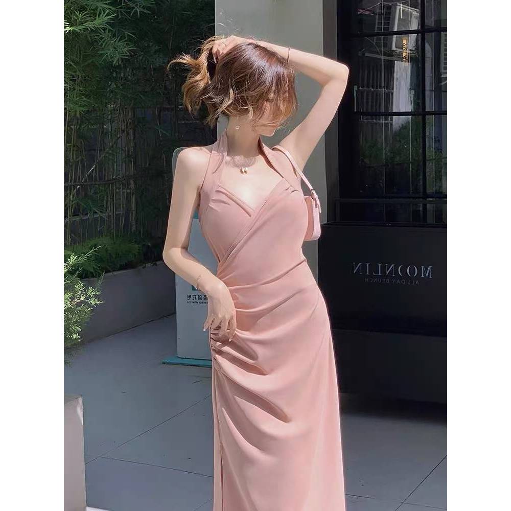เดรสสายเดี่ยว สีชมพู ไปทะเล รัดรูป เกาะอก แขนกุด เปิดหลัง แฟชั่น ออกงานสาวอวบ ชุดราตรีชุดเดรสยาว เสื้อผ้าแฟชั่นผู้หญิง