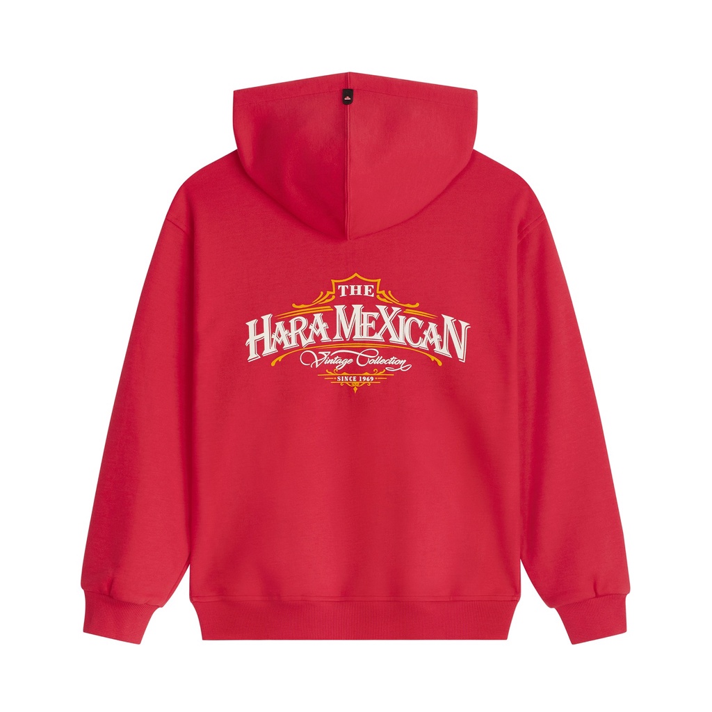 เสื้อฮู้ดผ้าหนาๆ  Hara ฮาร่า ของแท้ เสื้อกันหนาวฮู้ดดี้ Mexican style สีแดง ซิปหน้า สกรีนลาย Cotton 100% ผ้ายืด