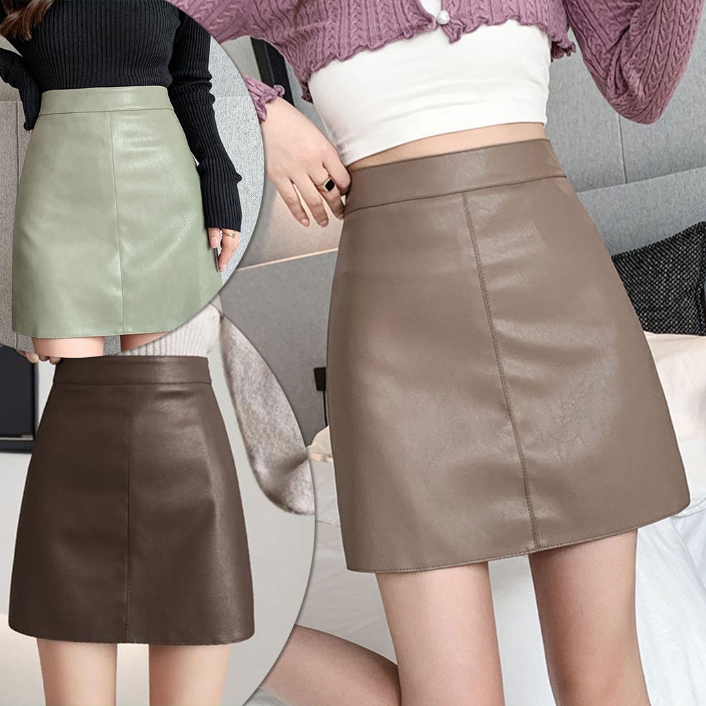 พร้อมส่ง กระโปรงแฟชั่นวัสดุ pu เอวสูง กระโปรงทรงเอเซ็กซี่ทรงเอ