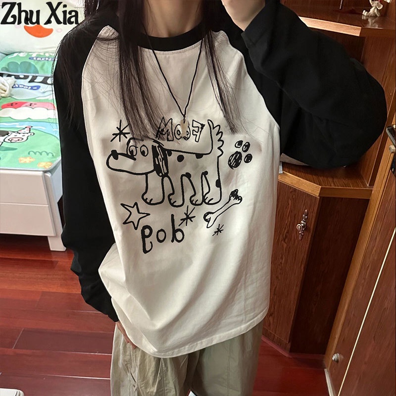 Zhu Xia เสื้อยืดแขนยาว พิมพ์ลายลูกสุนัข สไตล์เกาหลี สําหรับผู้หญิง