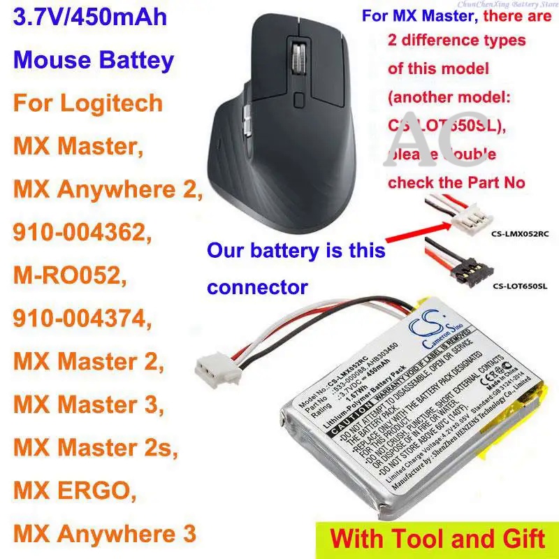 AC Cameron Sino 450mAh Battery for Logitech M-RO052, MX Anywhere 2, MX Master, MX Master 2, MX Master 2s, MX Master 3,MX
