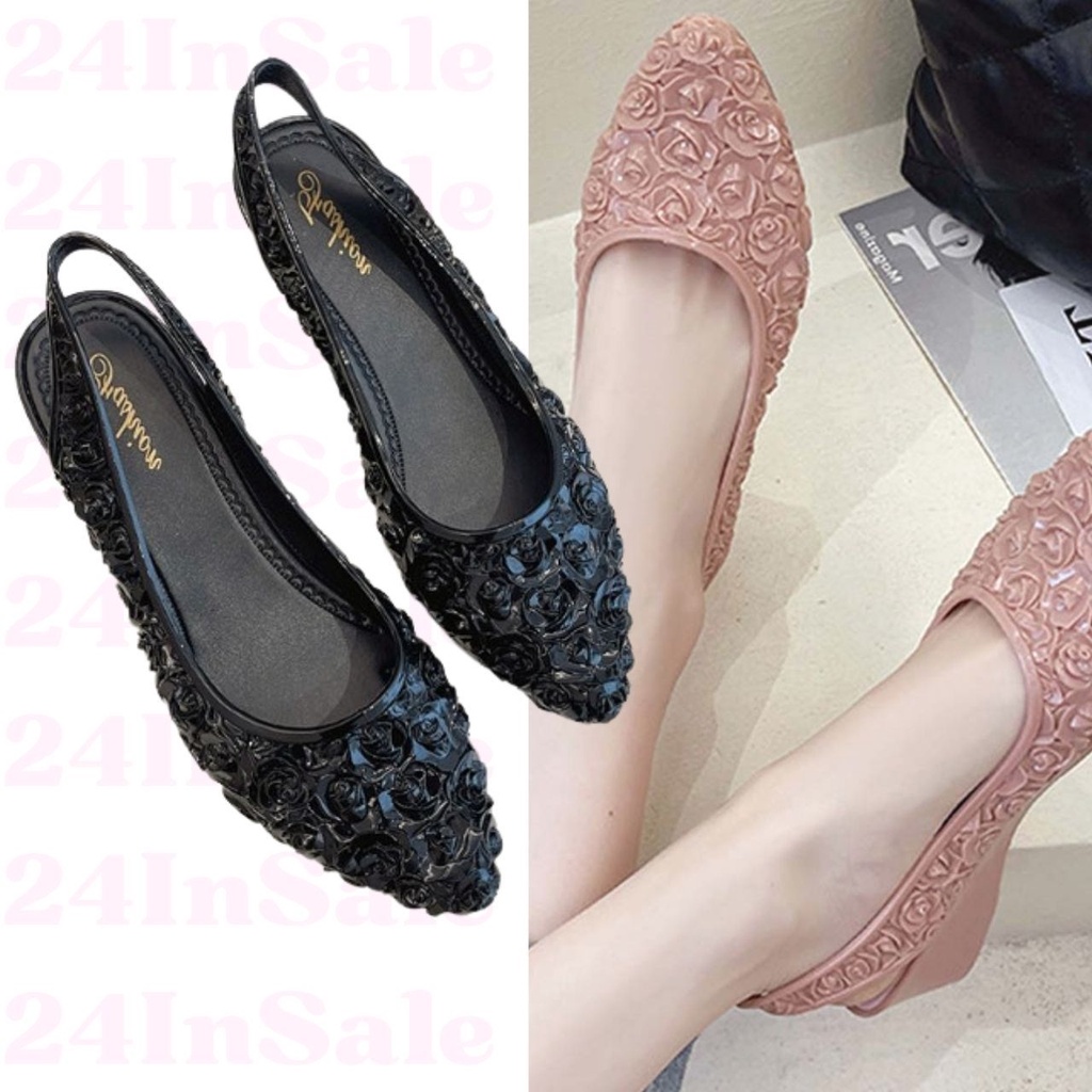 shop24 สต็อกไทย รองเท้าคัชชูหัวแหลม ลายดอกกุหลาบ มีรัดส้น เบอร์ 36-40 (19)