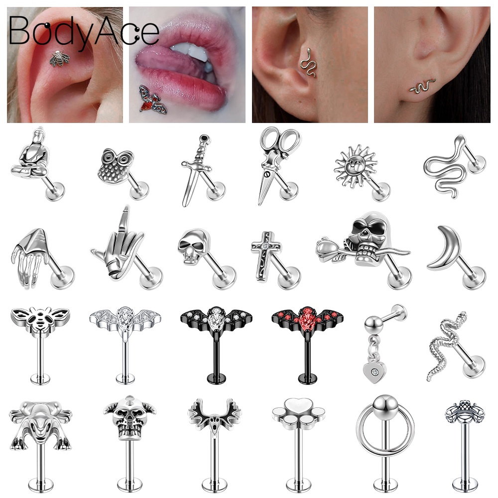 Bodyace ต่างหูสตั๊ด สเตนเลส คริสตัล รูปงู กะโหลก สไตล์พังก์ โกธิค เรโทร 16 กรัม สีเงิน 1 ชิ้น