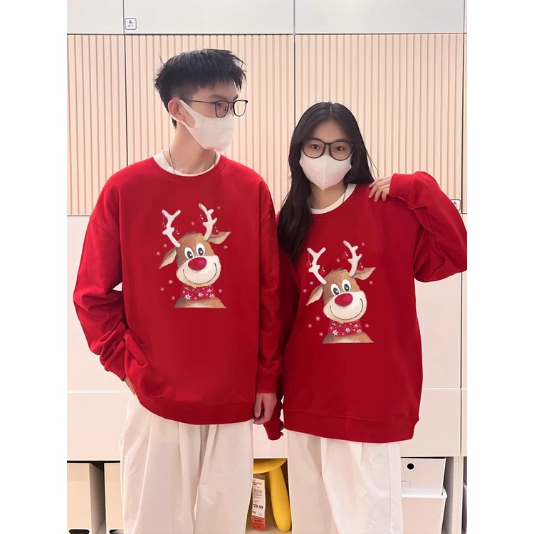 ฤดูหนาวใหม่คริสต์มาสกวางเรนเดียร์พิมพ์รอบคอเสื้อกันหนาวคู่หวานน่ารักสไตล์เสื้อสวมหัวเสื้อ