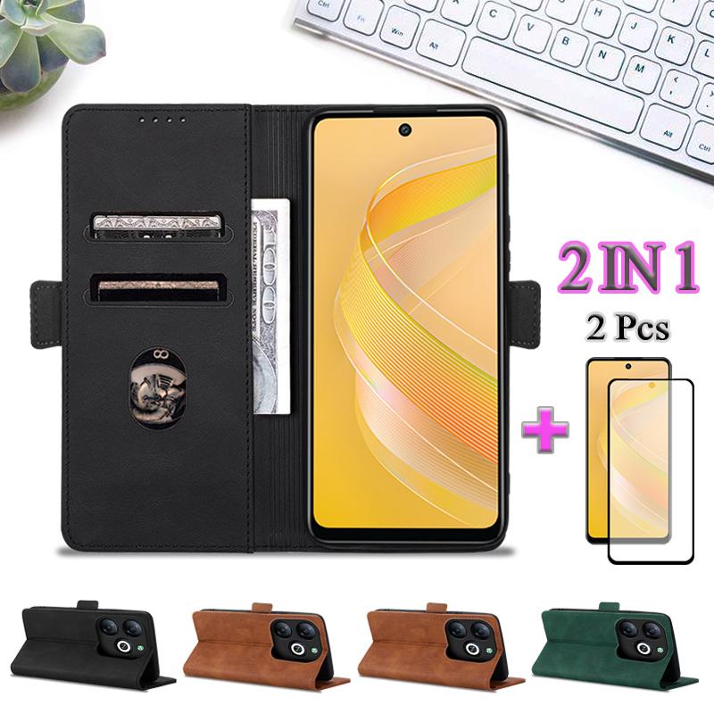 2 IN 1 สําหรับ Tecno Spark GO 2024 BG6 สําหรับกระเป๋าสตางค์หนังหนังเซรามิคหน้าจอ Protector