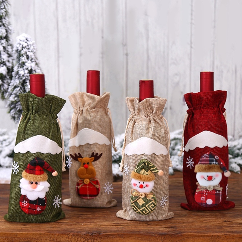 WOW ผ้าคลุมขวดไวน์คริสต์มาสถุงไวน์พร้อมเชือกรูดผ้าคลุมคริสต์มาสแบบใช้ซ้ําได้