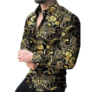 หรูหราสังคมผู้ชายเปิดลงปกปุ่มเสื้อลําลองบาร็อคพิมพ์เสื้อแขนยาวบุรุษเสื้อผ้าพรหมคาร์ดิแกน
