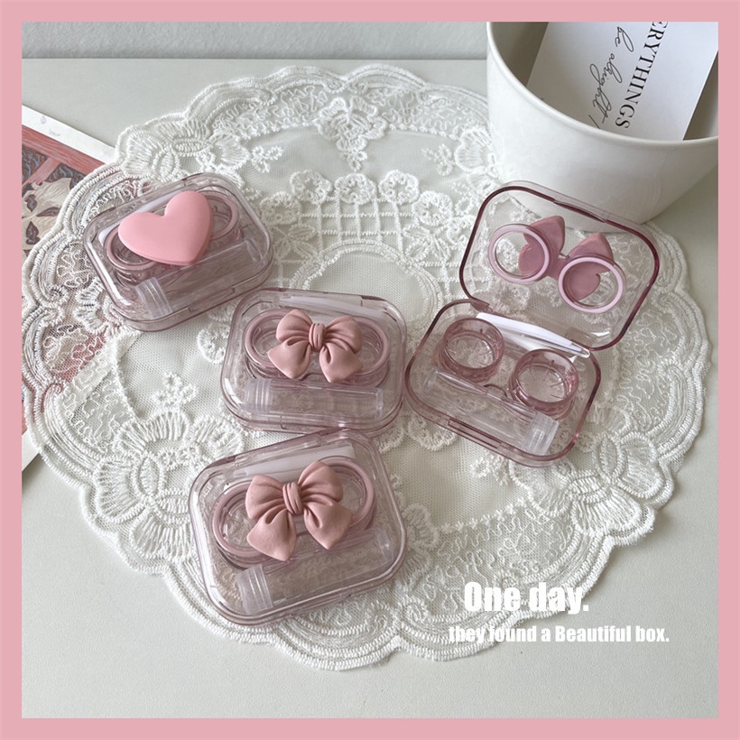 Ins Sakura กล่องคอนแทคเลนส์ แบบใส สีชมพู เรียบง่าย ไม่มีฝาปิด แบบพกพา ดูแลสายตา มินิ คู่รัก กล่องชุดเดินทาง