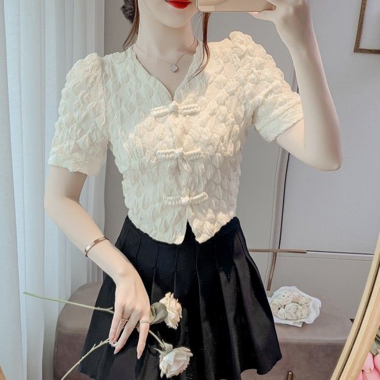 เสื้อเชิ้ตแขนสั้น คอวี แต่งหัวเข็มขัด แฟชั่นฤดูร้อน สําหรับผู้หญิง - รูปที่ 2