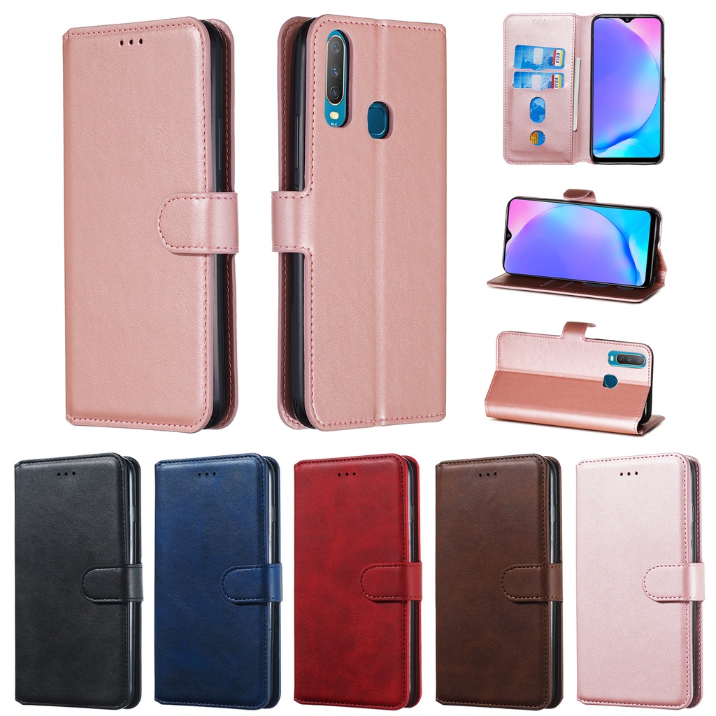 เคสโทรศัพท์มือถือหนัง ฝาพับ กันกระแทก พร้อมช่องใส่บัตร สีพื้น หรูหรา สําหรับ VIVO Y27 Y27S Y200 Y19 Y5S Y81 Y83 Y91 Y93 Y95 Y51 Y31 Y55 Y52S Y36 Y78 Plus V29E
