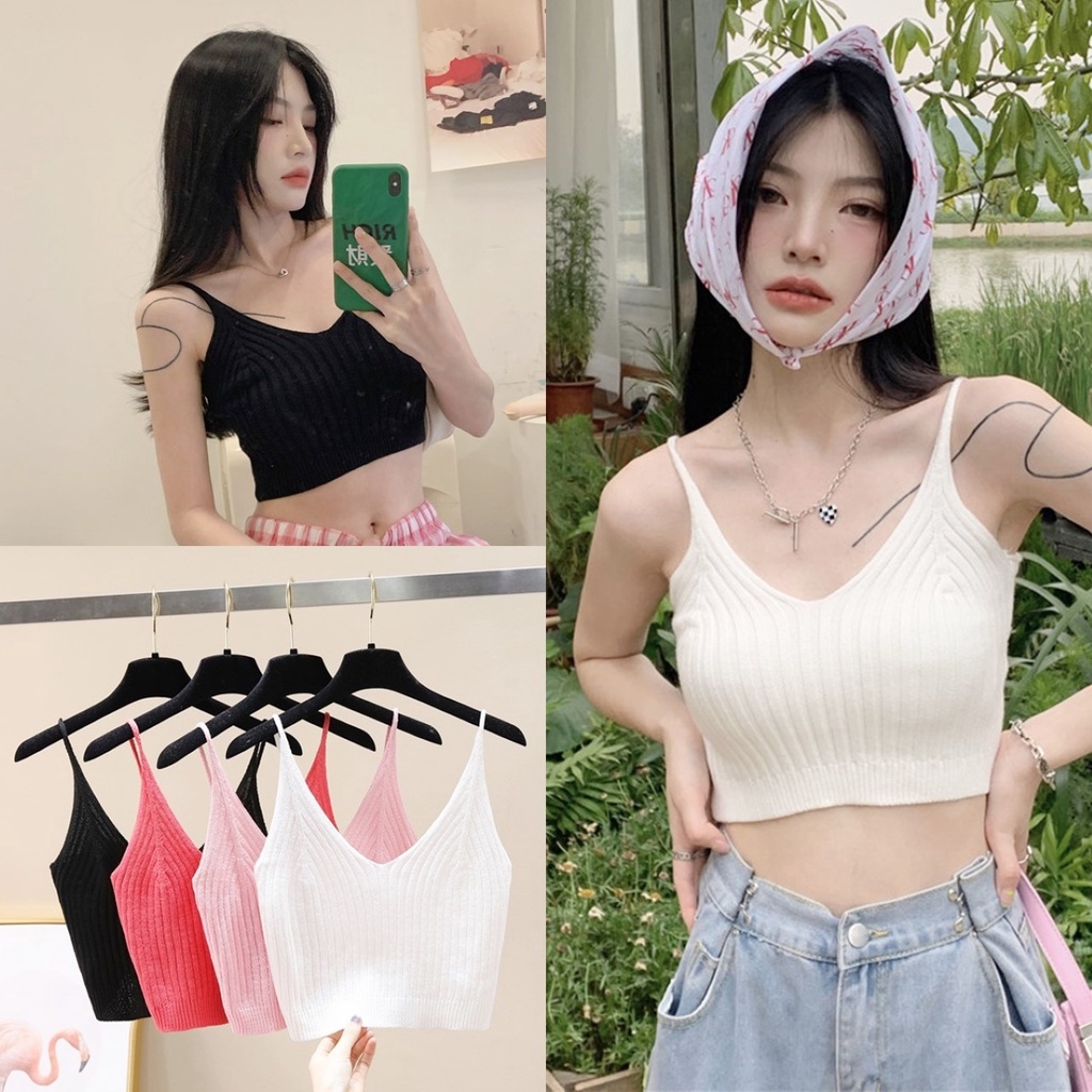 ราคาถูกที่สุด เสื้อสายเดี่ยวไหมพรม รุ่นถักร่องใหญ่ คอวี สีพื้น มีหลายสี