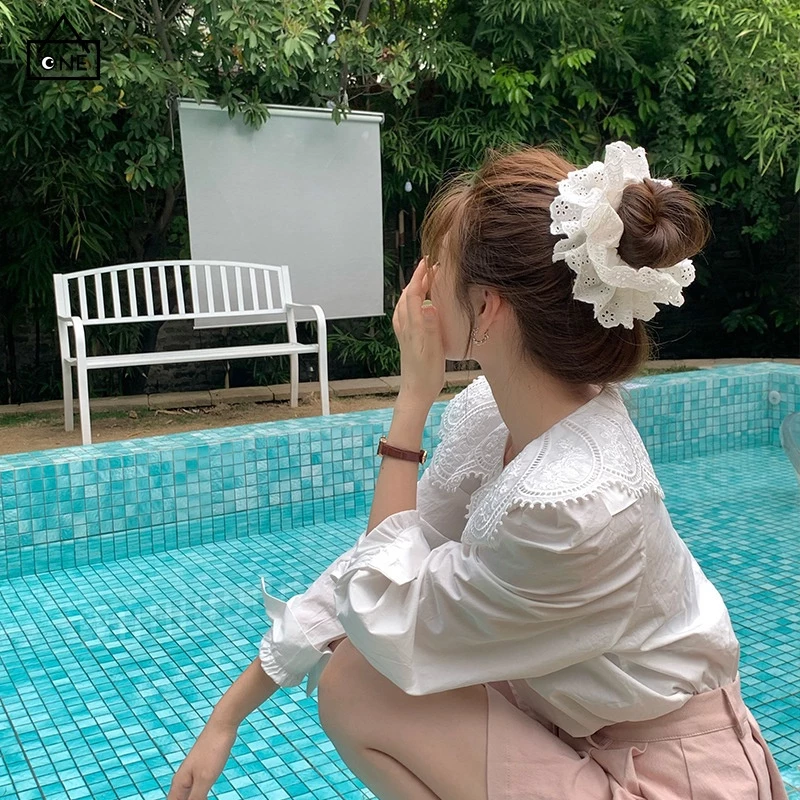 ยางรัดผมผ้าฝ้าย ลูกไม้สีขาว สไตล์เกาหลี หางม้า thumbnail 6