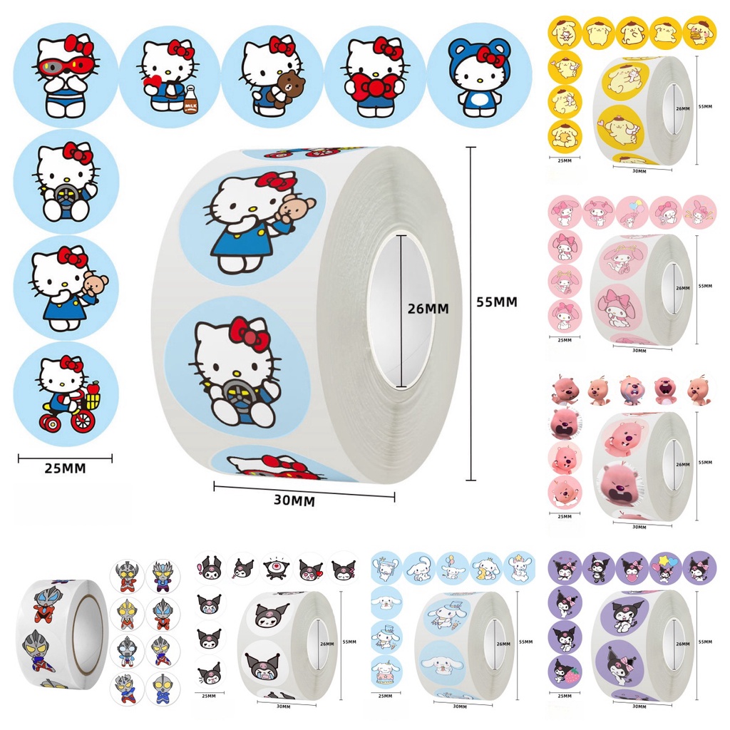 Lanlanstickersworld สติกเกอร์ ลาย Sanrio Mymelody HelloKitty Kuromi Pompompurin Cinnamoroll Loopy สําหรับติดตกแต่งหมวกกันน็อค จักรยาน 500 ชิ้น ต่อม้วน