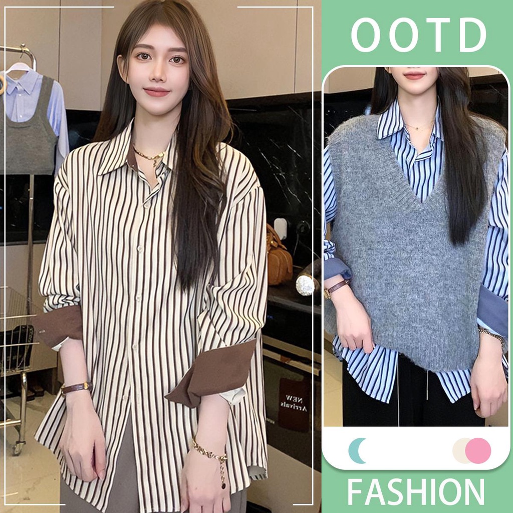 KOKO W295❤️เสื้อเชิ้ตแขนยาวลายแนวตั้ง แฟชั่นวินเทจ เสื้อโอเวอร์ไซส์ สไตล์เกาหลี ปกโปโล ผ้ามีความนุ่มและไม่ยับง่าย